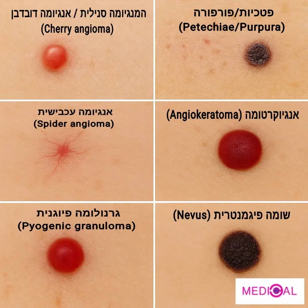 תרשים השוואה של נגעים בעור: המנגיומה סנילית (Cherry angioma) לעומת פטכיות/פורפורה, אנגיוקרטומה, Spider angioma, גרנולומה פיוגנית ושומה פיגמנטרית – לצורכי אבחנה מבדלת.