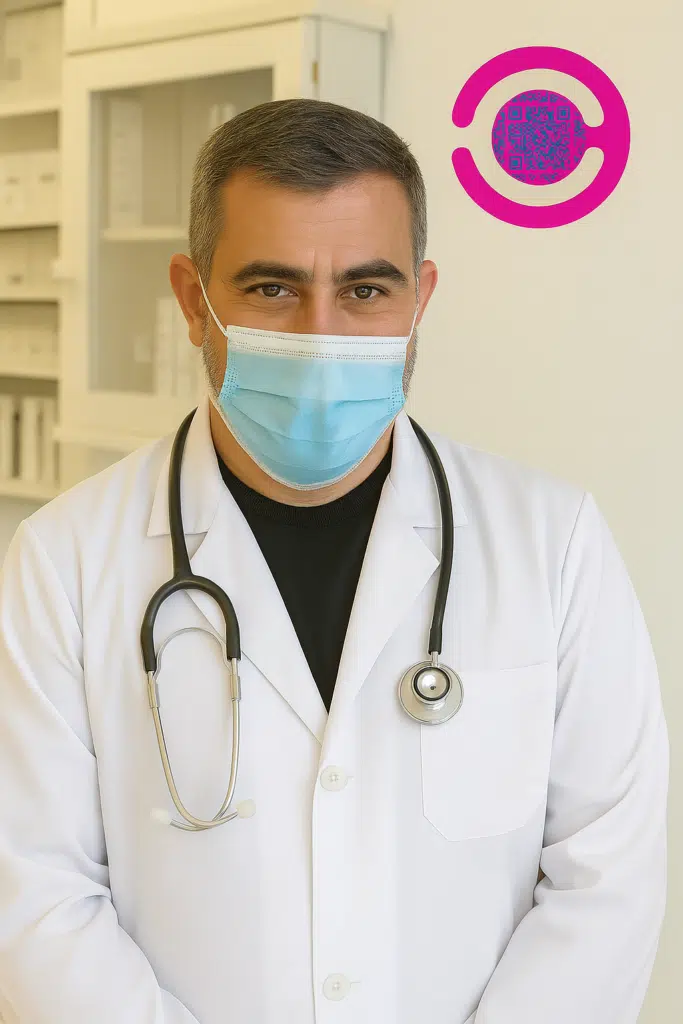 ד"ר חמדוש טהה, רופא בעל הכשרה מקצועית ברפואה אסתטית במרכז מדיקל C, עם חלוק לבן וסטטוסקופ בחדר טיפולים